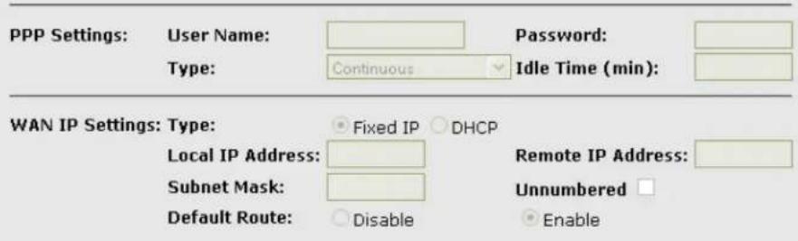 PPP Settings: User Name: Password: Type: Continuous Idle Time (min): WAN IP Settings: Type: Fixed IP DHCP Local IP Address: Remote IP Address: Subnet Mask: Unnumbered Default Route: Disable Enable