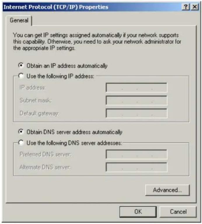 Internet Protocol (TCP/IP) Properties General You can get IP settings assigned automatically if your network supports this capability. Otherwise, you need to ask your network administrator for the appropriate IP settings. Obtain an IP address automatically Use the following IP address: IP address: .... Subnet mask: .... Default gateway: .... Obtain DNS server address automatically Use the following DNS server addresses: Preferred DNS server: .... Alternate DNS server: .... Advanced... OK Cancel