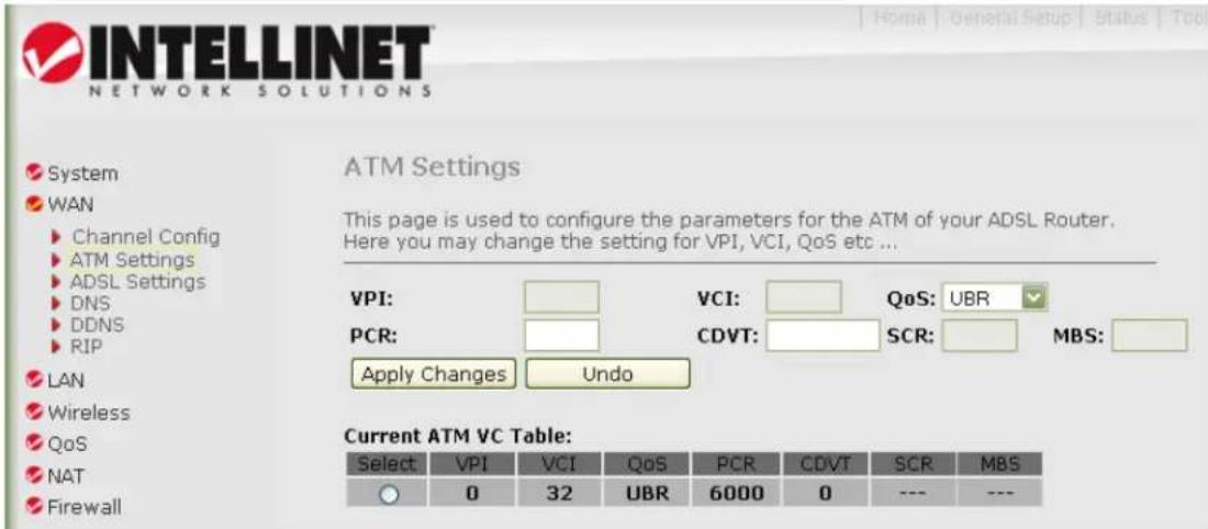 INTELLINET NETWORK SOLUTIONS System WAN Channel Config ATM Settings ADSL Settings DNS DDNS RIP LAN Wireless QoS NAT Firewall ATM Settings This page is used to configure the parameters for the ATM of your ADSL Router. Here you may change the setting for VPI, VCI, QoS etc ... VPI: VCI: QoS: UBR PCR: CDVT: SCR: MBS: Apply Changes Undo Current ATM VC Table: Select VPI VCI QoS PCR CDVT SCR MBS 0 32 UBR 6000 0 --- ---