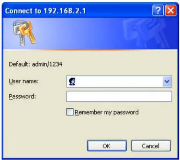 Connect to 192.168.2.1 Default: admin/1234 User name: Password: Remember my password OK Cancel