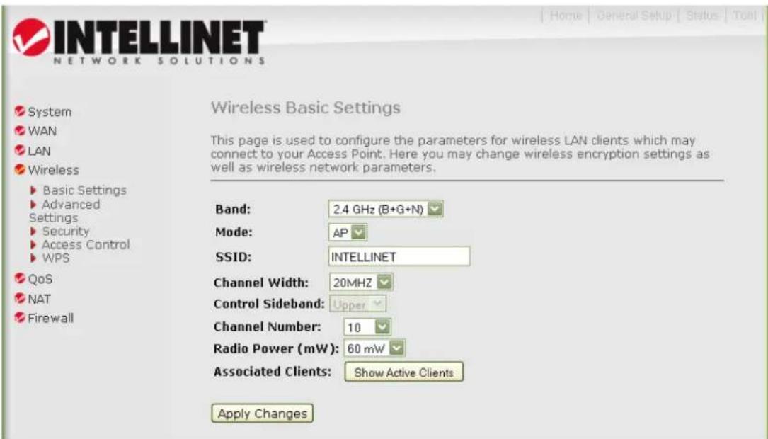 INTELLINET NETWORK SOLUTIONS System WAN LAN Wireless Basic Settings Advanced Settings Security Access Control WPS QoS NAT Firewall Wireless Basic Settings This page is used to configure the parameters for wireless LAN clients which may connect to your Access Point. Here you may change wireless encryption settings as well as wireless network parameters. Band: 2.4 GHz (B+G+N) Mode: AP SSID: INTELLINET Channel Width: 20MHZ Control Sideband: Upper Channel Number: 10 Radio Power (mW): 60 mW Associated Clients: Show Active Clients Apply Changes