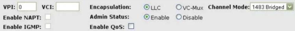 VPI: 0 VCI: Enable NAPT: Enable IGMP: Encapsulation: LLC ○VC-Mux Channel Mode: 1483 Bridged Admin Status: Enable ○Disable Enable QoS: □