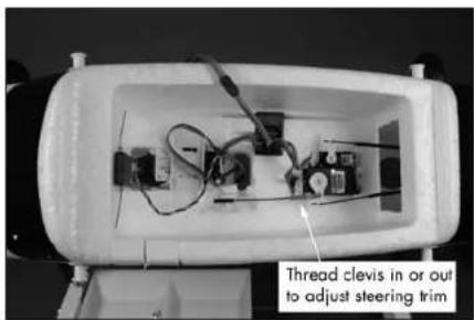 Thread clevis in or out to adjust steering trim