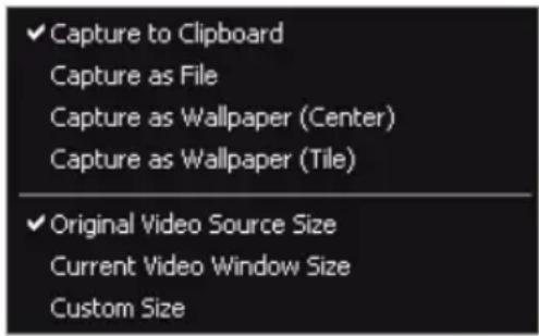 ✓ Capture to Clipboard Capture as File Capture as Wallpaper (Center) Capture as Wallpaper (Tile) ✓ Original Video Source Size Current Video Window Size Custom Size