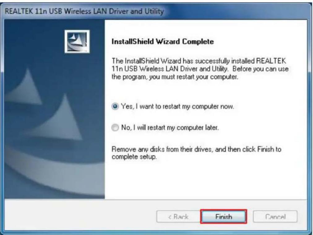 REALTEK 11n USB Wireless LAN Driver and Utility InstallShield Wizard Complete The InstallShield Wizard has successfully installed REALTEK 11n USB Wireless LAN Driver and Utility. Before you can use the program, you must restart your computer. Yes, I want to restart my computer now. No, I will restar…