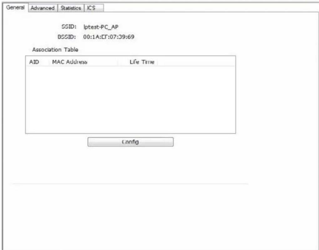 General Advanced Statistics ICS SSID: lptest-PC_AP DSSID: 00:1A:CF:07:39:69 Association Table AID MAC Address Life Time Config
