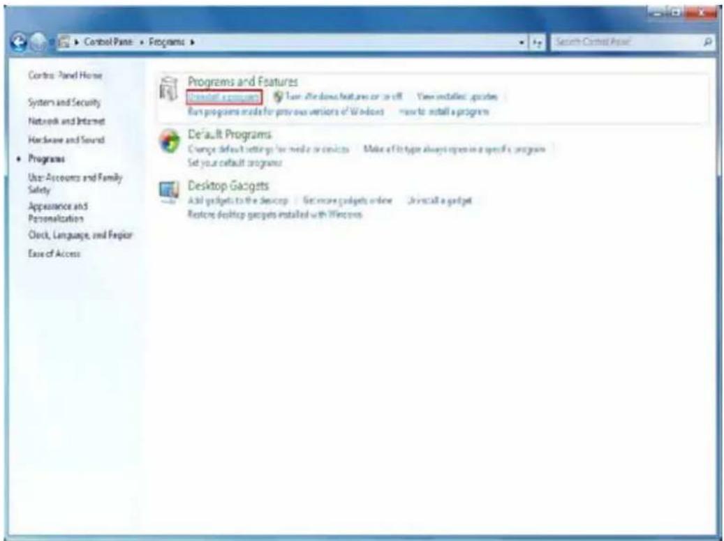 Control Panel > Programs > Search Control Panel Controls Panel Home System and Security Network and Internet Hardware and Sound • Programs User Accounts and Family Safety Appearance and Personalization Clock, Language, and Fugier Ease of Access Programs and Features Download a program User after dow…