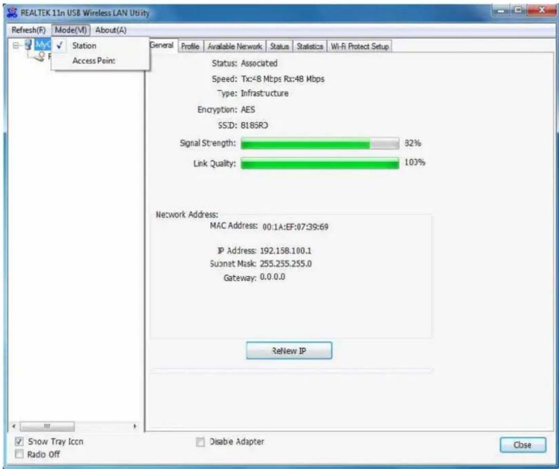 REALTEK 11n USB Wireless LAN Utility Refresh(F) Mode(V) About(A) MyC ✓ Station Access Point: General Profile Available Network Status Statistics Wi-Fi Protect Setup Status: Associated Speed: Tx:48 Mbps Rx:48 Mbps Type: Infrastructure Encryption: AES SS:D: 8185RC Signal Strength: 82% Link Quality: 10…