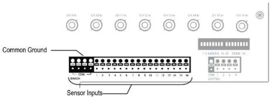 CH10h CH10e CH11h CH12h CH13h CH14h CH15h CH16h Common Ground COM 1 2 3 4 5 6 7 8 9 10 11 12 13 14 15 16 SENSOR Sensor Inputs I CAMERA /S I Q TERR/ 1s COM 1 2 3 4 CONTROL