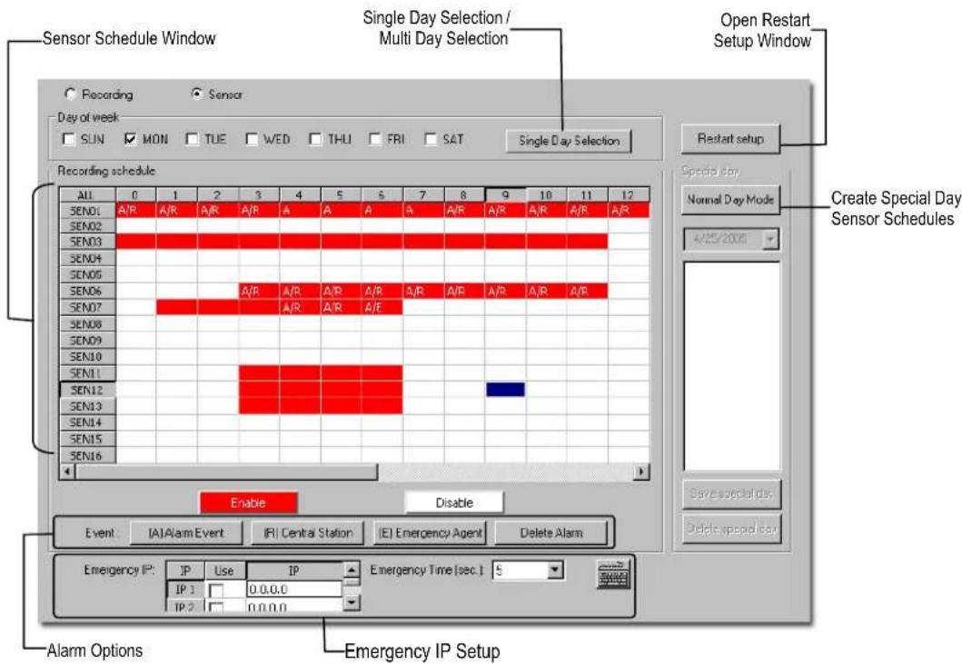 Sensor Schedule Window Single Day Selection / Multi Day Selection Open Restart Setup Window Recording Sensor Day of week SUN MON TUE WED THU FRI SAT Single Day Selection Recording schedule ALL 0 1 2 3 4 5 6 7 8 9 10 11 12 SEN01 A/R A/R A/R A/R A A A A/A R A/R A/R A/R A/R SEN02 SEN03 SEN04 SEN05 SEN0…