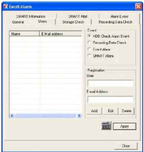 Email Alarm SMART Information General Users SMART Alert Storage Check Alone Event Recording Data Check Name E Mail address Event HDD Check Alarm Event Recording Data Check Event Alarm SMART Alons Registration User E-mail Address: Add Edit Delete Apply Close