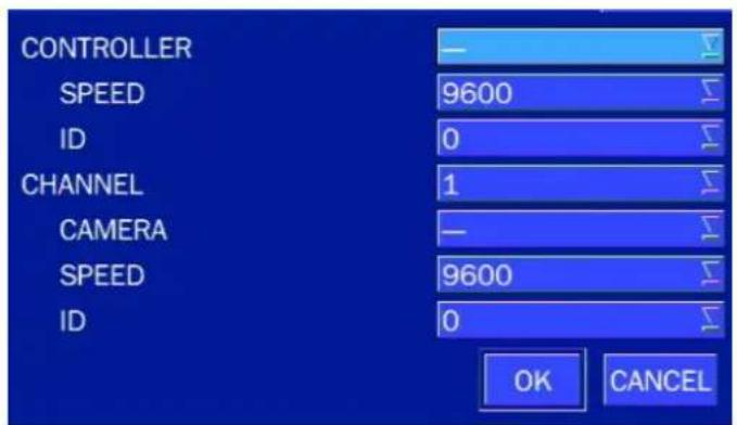 CONTROLLER SPEED 9600 ID 0 CHANNEL 1 CAMERA — SPEED 9600 ID 0 OK CANCEL