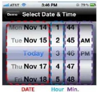 Demo Select Date & Time Mon Nov 14 1 44 Tue Nov 15 2 45 AM Today 3 46 PM Thu Nov 17 4 47 Fri Nov 18 5 48 DATE Hour Min.