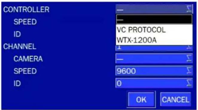 CONTROLLER SPEED ID CHANNEL CAMERA SPEED ID VC PROTOCOL WTX-1200A 9600 OK CANCEL