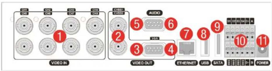 CH1 CH2 CH3 CH4 CH5 CH6 CH7 CH8 VIDEO IN CVBS1 CVBS2 AUDIO 5 6 2 VGA 3 4 VIDEO OUT ETHERNET USB SATA S1 02 03 04 05 A 10 11 D POWER