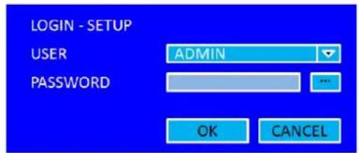 LOGIN - SETUP USER ADMIN PASSWORD OK CANCEL