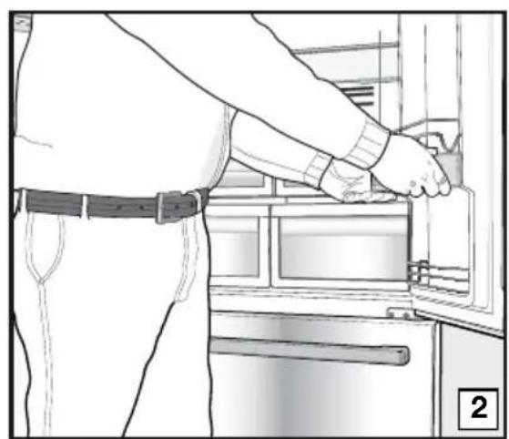 Line drawing of a person installing or adjusting an open refrigerator (no text or symbols present)