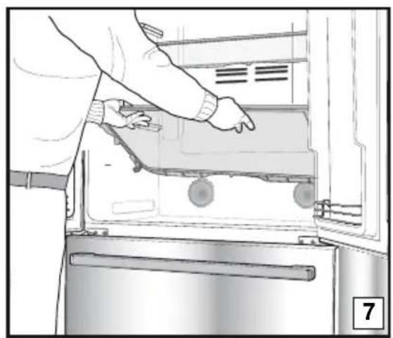 Person opening a refrigerator with a hand adjusting the door panel (no visible text or symbols).