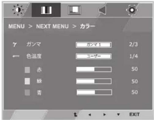 MENU > NEXT MENU > カラー γ ガンマ ガンマ1 2/3 一 色温度 ユーザー 1/4 赤 50 緑 50 青 50 EXIT