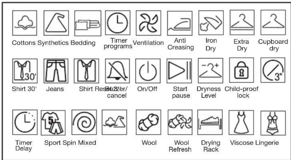 Cottons Synthetics Bedding Timer programs Ventilation Anti Creasing Iron Dry Extra Dry Cupboard dry 30' Shirt 30' Jeans Shirt Resetzer/cancel On/Off Start pause Dryness Level Child-proof lock Timer Delay Sport Spin Mixed Wool Wool Refresh Drying Rack Viscose Lingerie