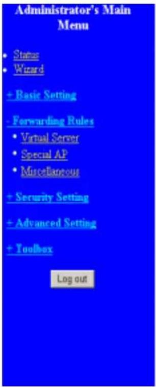 Administrator's Main Menu • Status • Wizard + Basic Setting - Forwarding Rules • Virtual Server • Special AP • Miscellaneous + Security Setting + Advanced Setting + Toolbox Log out