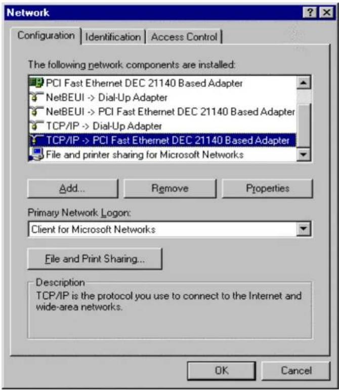 Network Configuration | Identification | Access Control | The following network components are installed: PCI Fast Ethernet DEC 21140 Based Adapter NetBEUI -> Dial-Up Adapter NetBEUI -> PCI Fast Ethernet DEC 21140 Based Adapter TCP/IP -> Dial-Up Adapter TCP/IP -> PCI Fast Ethernet DEC 21140 Based Adapter File and printer sharing for Microsoft Networks Add... Remove Properties Primary Network Logon: Client for Microsoft Networks File and Print Sharing... Description TCP/IP is the protocol you use to connect to the Internet and wide-area networks. OK Cancel