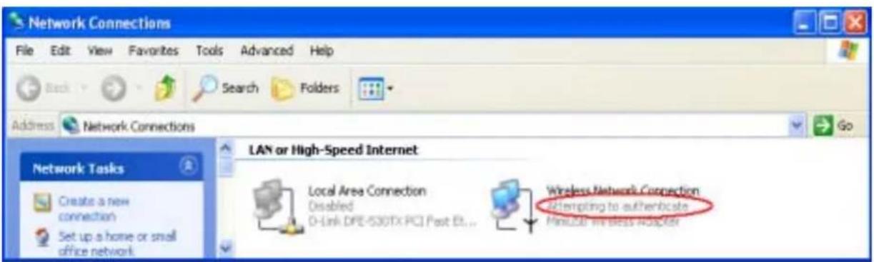 Network Connections File Edit View Favorites Tools Advanced Help Back Search Folders Address Network Connections LAN or High-Speed Internet Network Tasks Create a new connection Set up a home or small office network Local Area Connection Disabled D-Link DFE-530TX PCI Post Et... Wireless Network Connection Attempting to authenticate MiniUSB Wireless Adapter