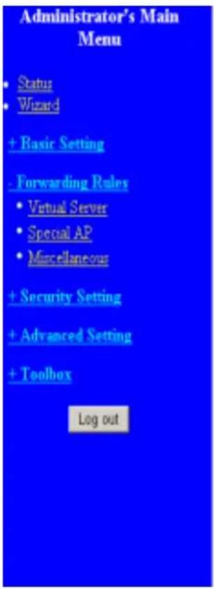 Administrator's Main Menu • Status • Wizard + Basic Setting - Forwarding Rules • Virtual Server • Special AP • Miscellaneous + Security Setting + Advanced Setting + Toolbox Log out