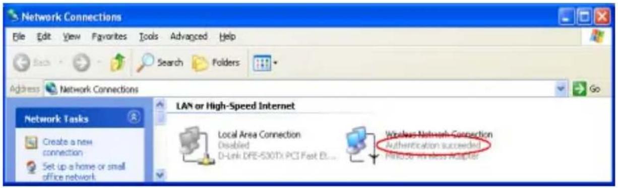 Network Connections File Edit View Favorites Tools Advanced Help Search Folders Address Network Connections LAN or High-Speed Internet Network Tasks Create a new connection Set up a home or small office network Local Area Connection Disabled D-Link DFE-S30TX PCI Fast E... Wireless Network Connection Authentication succeeded Remove Wireless Adapter