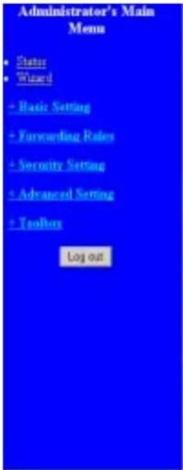 Administrator's Main Menu • Status • Wizard • Basic Setting • Forecasting Rules • Security Setting • Advanced Setting • Toolbox Log out