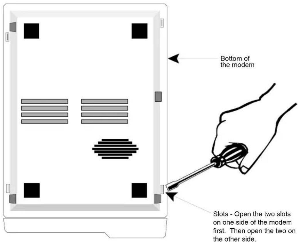 Bottom of the modem Slots - Open the two slots on one side of the modem first. Then open the two on the other side.