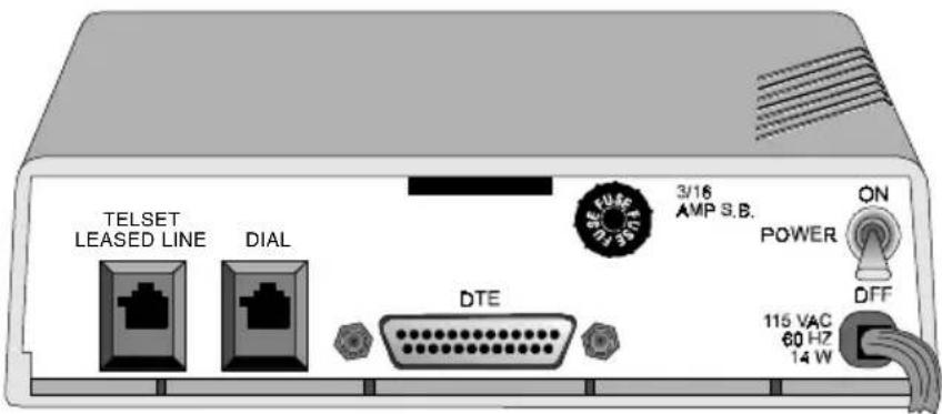 TELSET LEASED LINE DIAL DTE 3/16 AMP S.B. POWER ON OFF 115 VAC 60 Hz 14 W