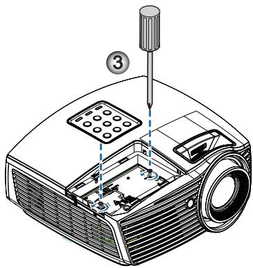 Diagram of an electronic projector with labeled parts and a numbered callout indicating step 3