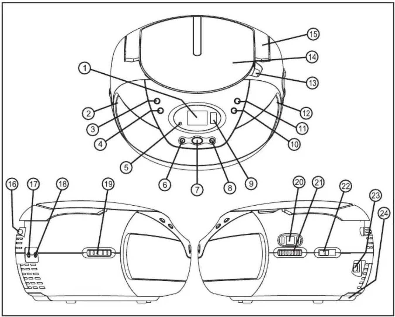 Technical diagram of a device's front and side views with numbered components for identification.