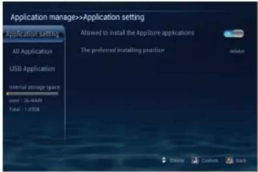 Application manage>>Application setting Application setting All Application USB Application internal storage space total : 26.40MB Total : 1.0358 Allowed to install the AppStore applications The preferred installing position default Choice Custom Back