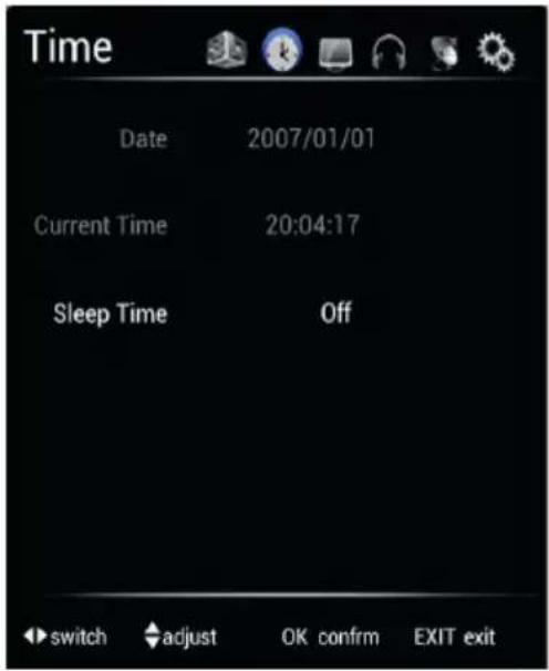 Time Date 2007/01/01 Current Time 20:04:17 Sleep Time Off switch adjust OK confirm EXIT exit