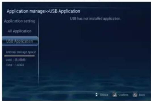Application manage>>USB Application Application setting All Application USB Application Internal package space word: 25 HOMB Total: 1.0064 USB has not installed application.