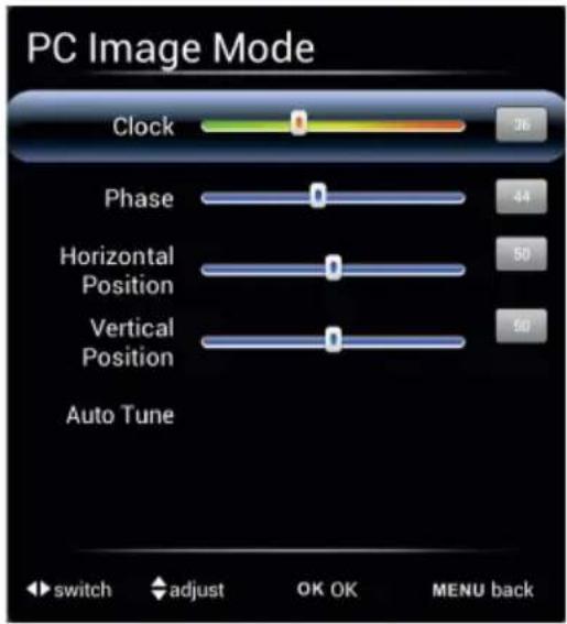 PC Image Mode Clock Phase Horizontal Position Vertical Position Auto Tune switch adjust OK OK MENU back
