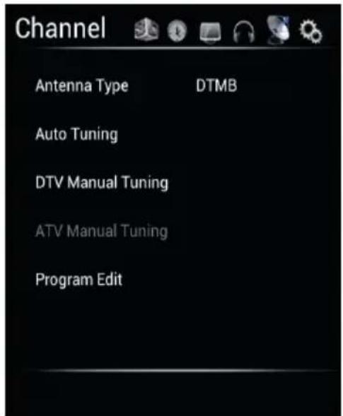 Channel Antenna Type DTMB Auto Tuning DTV Manual Tuning ATV Manual Tuning Program Edit