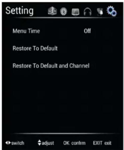 Setting Menu Time Off Restore To Default Restore To Default and Channel switch adjust OK confirm EXIT exit