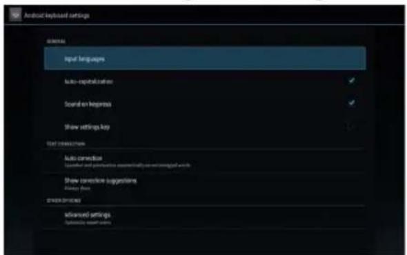 Android keyboard settings Parameters Input languages Auto- Enterprise settings Several or In Progress Show settings Help User connections Auto connection Suggested and Functional Environmental Control Settings Show connections suggestions Active Data STRAWB INTERFACE Advanced settings Optimization support system