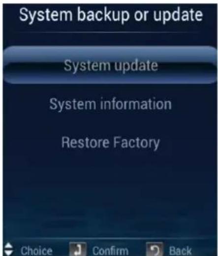 System backup or update System update System information Restore Factory Choice Confirm Back