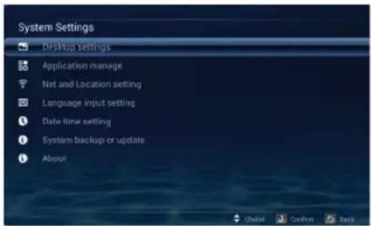 System Settings Desktop settings Application manage Net and Location setting Language input setting Date time setting System backup or update About