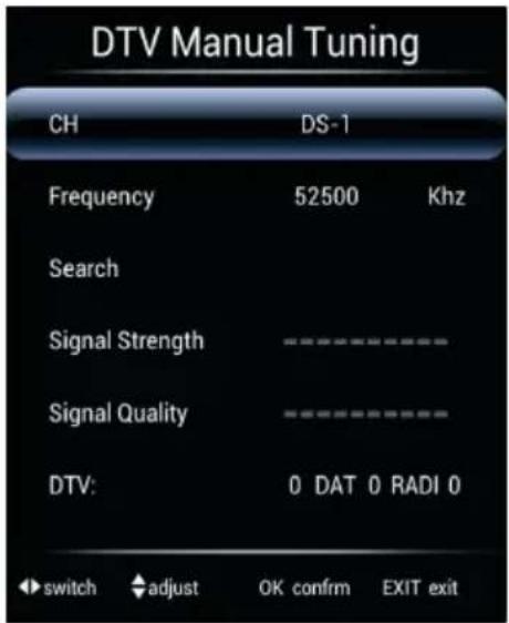 DTV Manual Tuning CH DS-1 Frequency 52500 Khz Search Signal Strength Signal Quality DTV: 0 DAT 0 RADI 0 switch adjust OK confirm EXIT exit