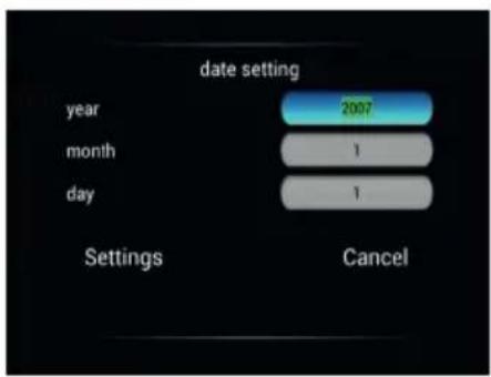 date setting year 2007 month 1 day 1 Settings Cancel