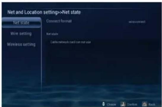 Net and Location setting>>Net state Net state Wire setting Wireless setting Connect format win connected Net state Cable network card can not use Choose Cancel Back