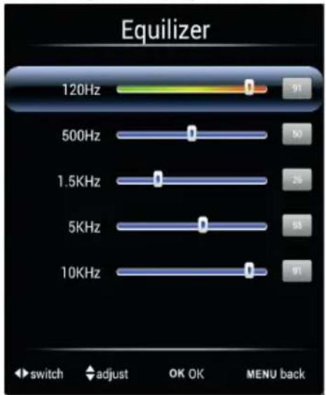 Equilizer 120Hz 500Hz 1.5KHz 5KHz 10KHz switch adjust OK OK MENU back