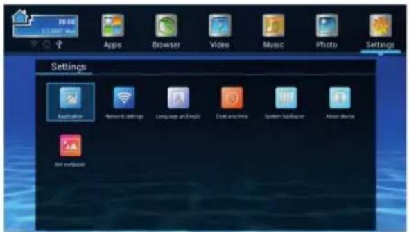 Settings Applications Network settings Language and key Data and mini System backup or About device Set backup