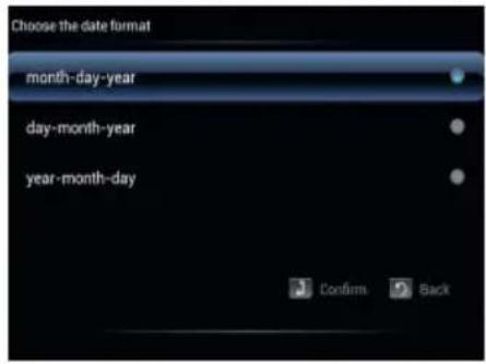 Choose the date format month-day-year day-month-year year-month-day Confirms Back