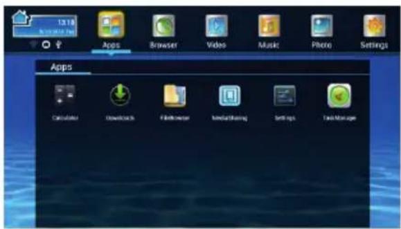 13.18 Apps Browser Video Music Photo Settings Apps Calculate Downloads Fileumener IrrscsSharing Settings Task Manager